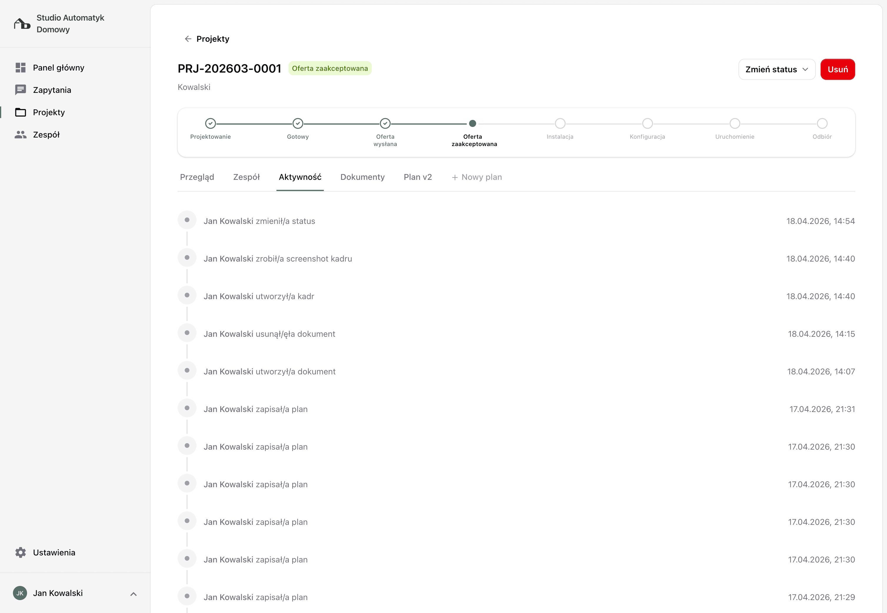 Historia aktywności